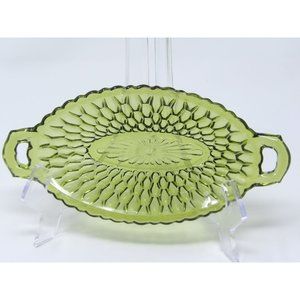 Vintage Indiana Glass Avocado Green Honeycomb Oval 2 Handled Relish Dish Bowl Tr